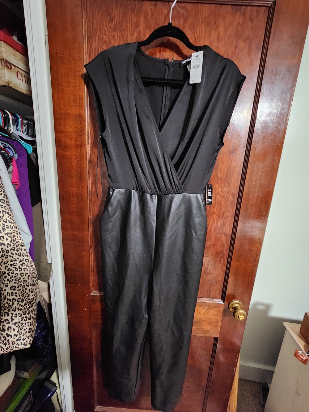 Express NWT Cap Sleeve Faux Leather Mixed Media Jumpsuit Black Small